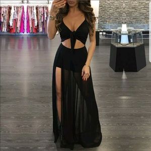 Black 1 piece mesh crop top dress